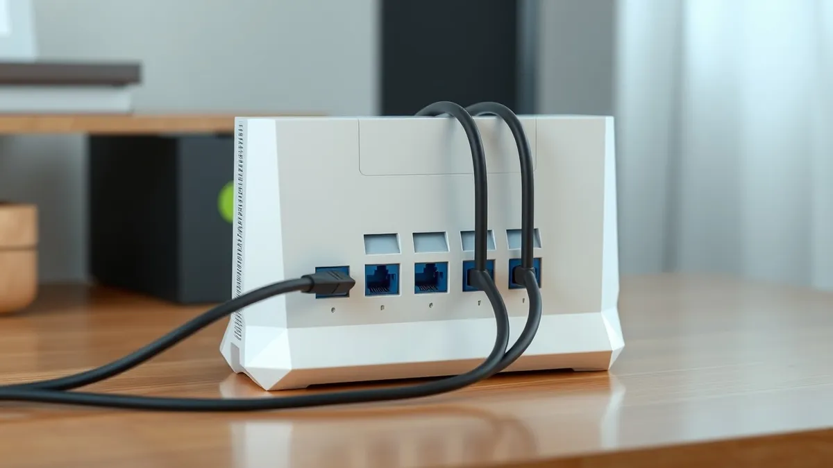 Illustration: A sleek white router sits on a wooden desk, its rear panel featuring a vertical column of eight blue ethernet ports.