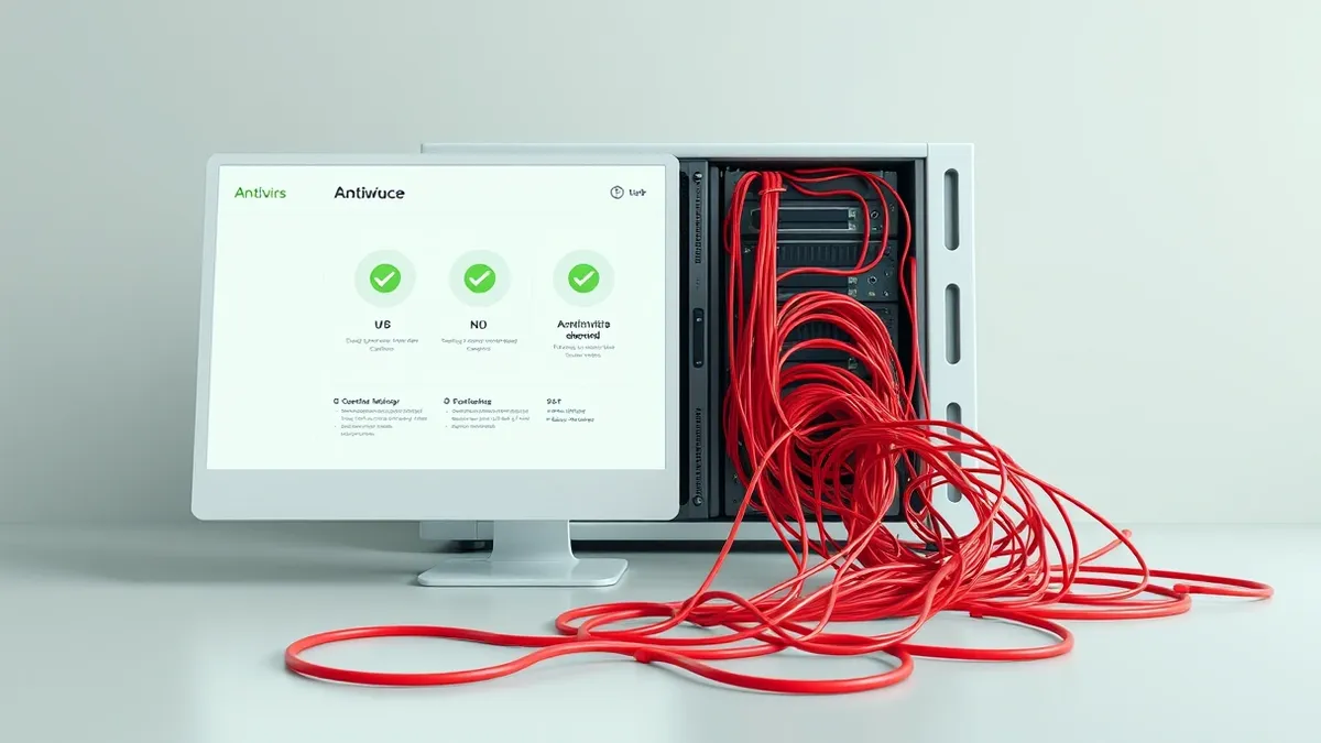 Illustration: A sleek white antivirus dashboard displays three green checkmarks on a clean interface.