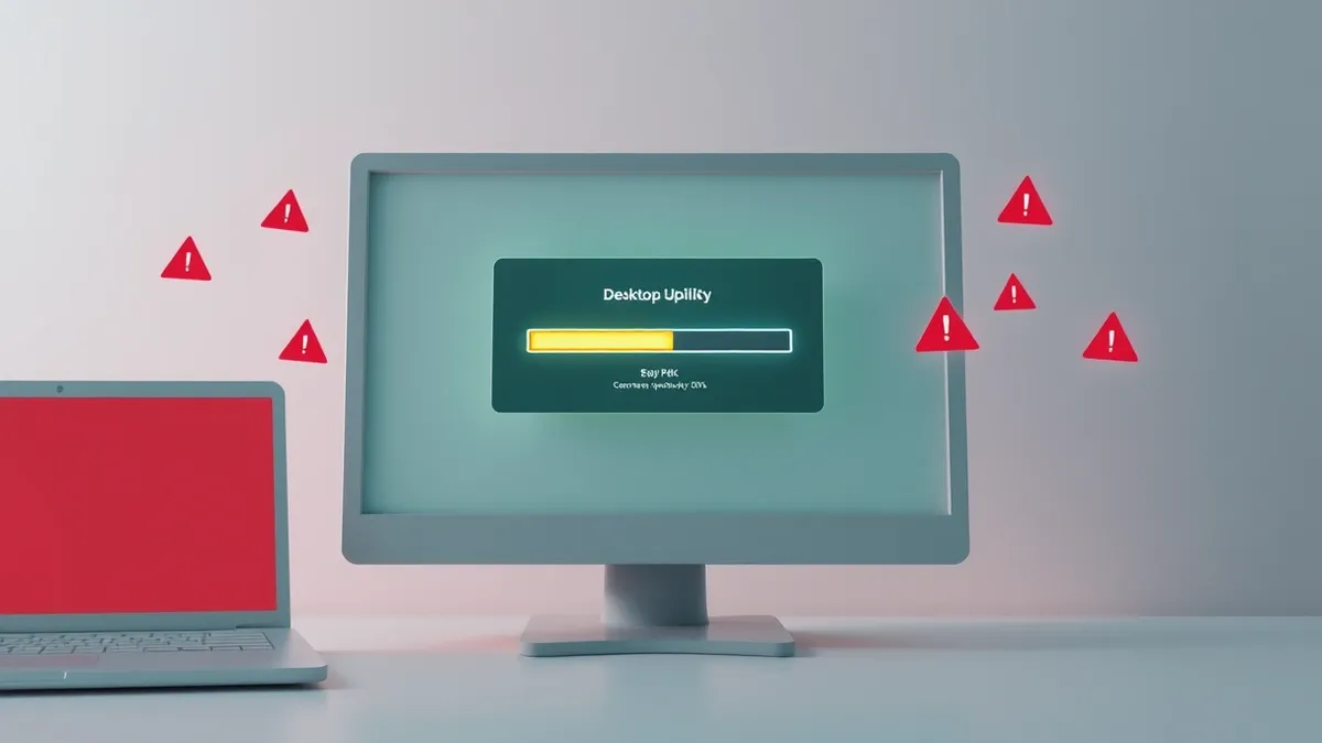 Illustration: A small desktop update utility window sits open on a monitor, displaying a generic progress bar frozen at fifty percent.