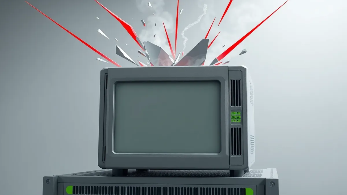 Illustration: A gray network firewall appliance sits on a metal rack, its front panel displaying a blank screen.