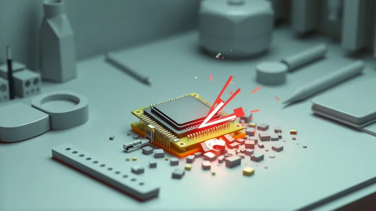 Illustration: A tiny circuit board with a microchip sits on a workbench while a jagged red line bursts from the chip’s memory area, scattering fragmented data blocks across the sur