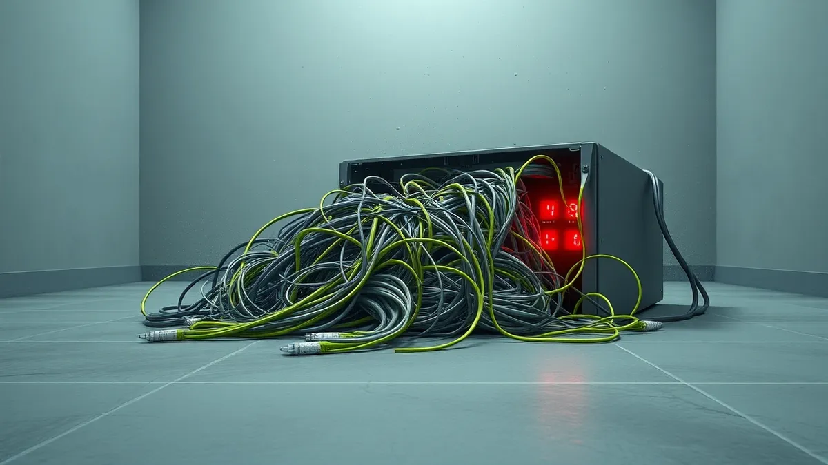 Illustration: A tangled heap of loose fiber-optic cables spills from a broken server chassis onto a concrete floor, exposing tangled wires and circuitry.