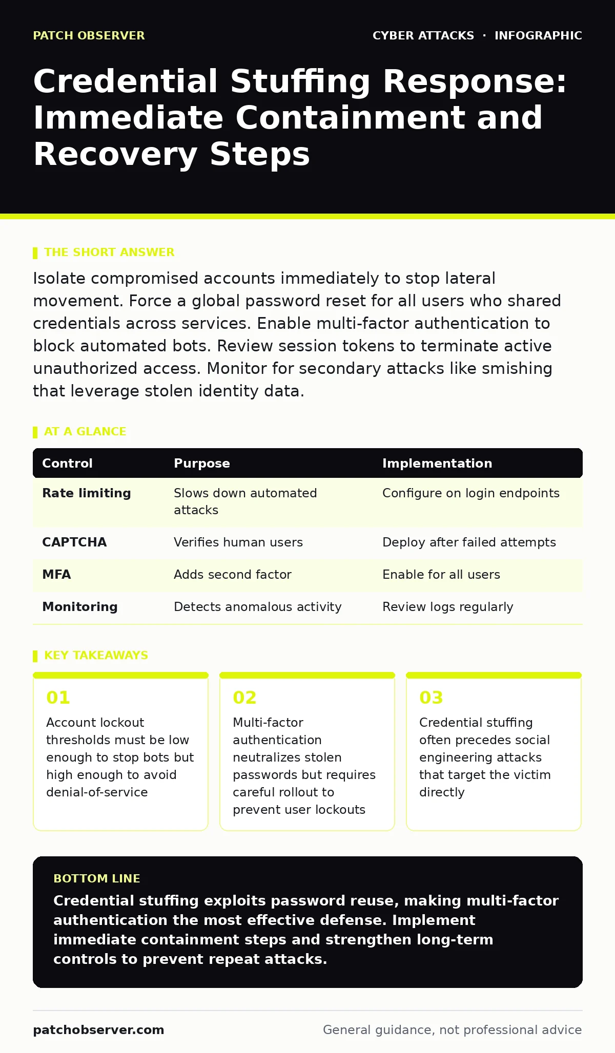 Infographic: Credential Stuffing Response: Immediate Containment and Recovery Steps. Account lockout thresholds must be low enough to stop bots but high enough to avoid denial-of-service Multi-factor authentication neutralizes stolen passwords but requires careful rollout to prevent user lockouts Cr
