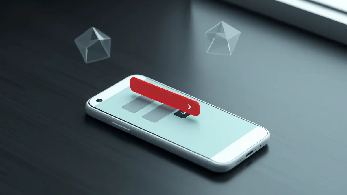 Illustration: A sleek white smartphone rests on a dark wooden desk, its screen displaying a generic login interface with two blank input fields.