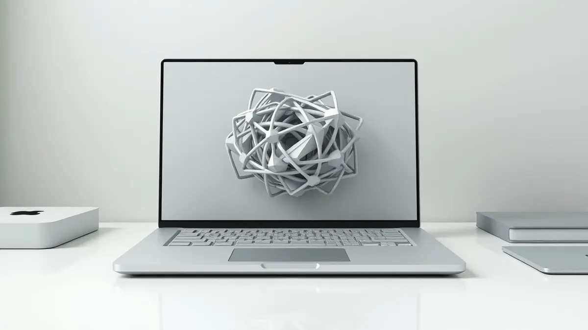 Illustration: A sleek laptop sits open on a clean desk, its screen displaying a tangled knot of abstract geometric shapes that block the view entirely.