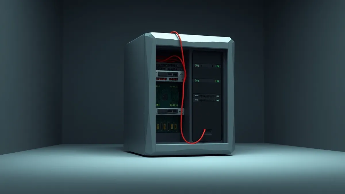 Illustration: A solitary gray server tower sits in a dim room with its front panel open, revealing exposed circuit boards.