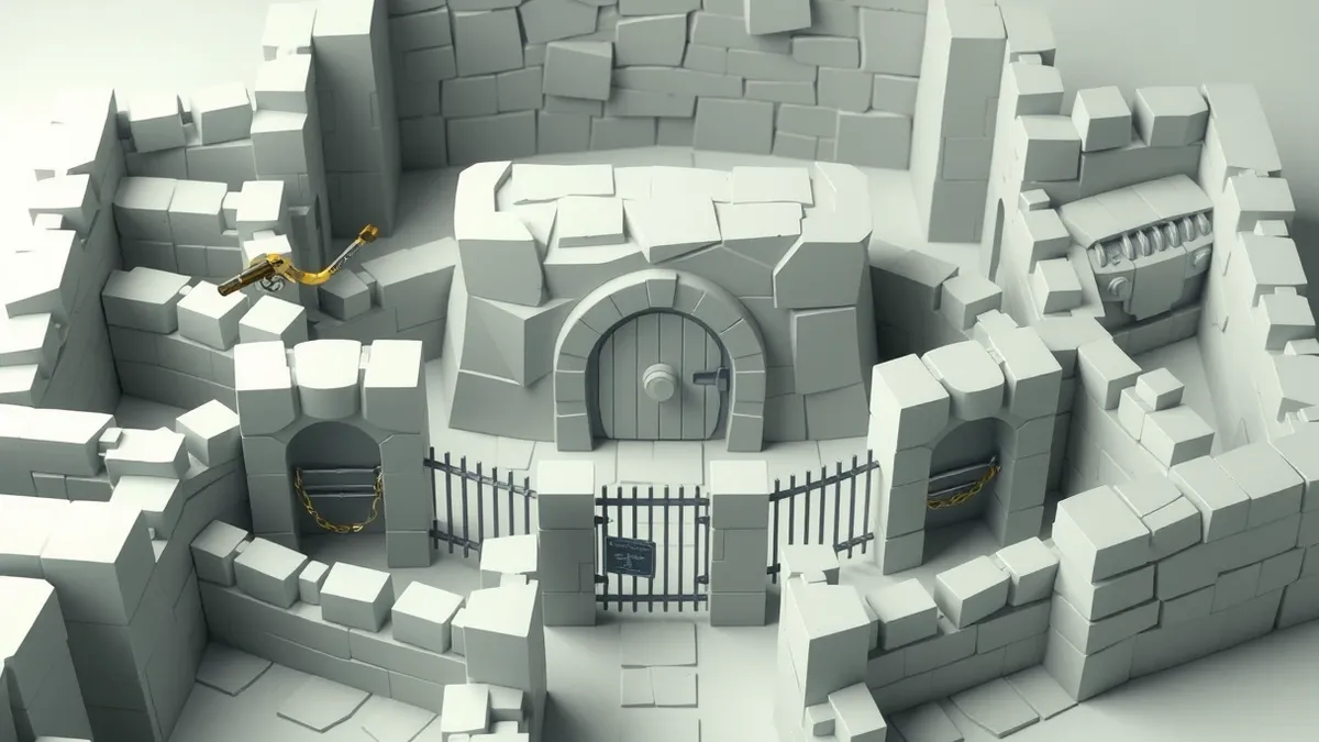 Illustration: A complex maze of stone walls and iron gates surrounds a central vault.