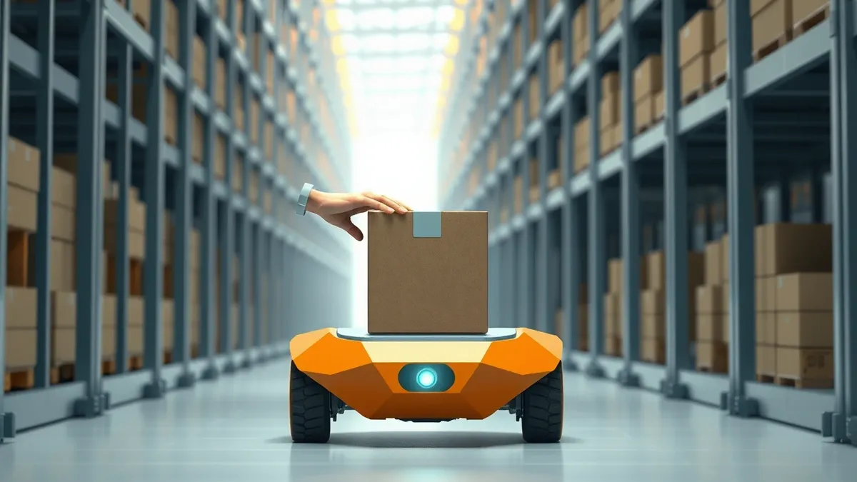 Illustration: A sleek orange mobile robot navigates a narrow aisle in a vast warehouse, its camera lens pointed forward.