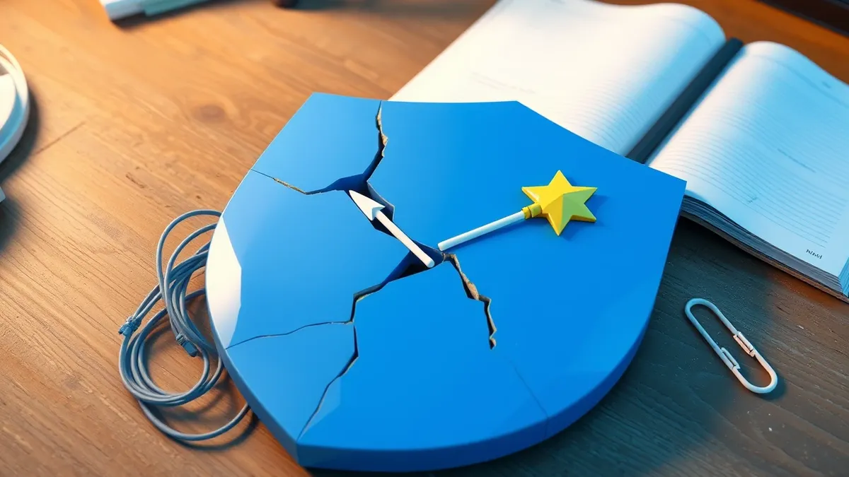 Illustration: A cracked blue shield with a jagged fissure sits on a dusty wooden desk.